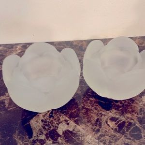 Set of 2 small  frosted glass tulip candle holders